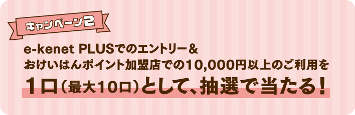 キャンペーン2 e-kenet PLUSでのエントリー&おけいはんポイント加盟店での10,000円以上のご利用を1口(最大10口)として、抽選で豪華賞品が当たる!